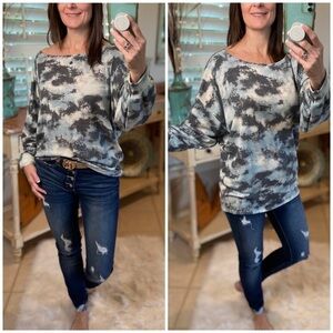 Tie Dye Zipper Shoulder Tunic Boho Drop Shoulder Blue Gray 0521